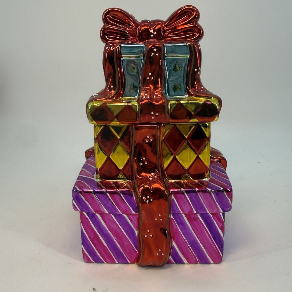 Christopher Radko 2003 Stacked Presents Trinket Jar‎ 7" tall Christmas Harlequin